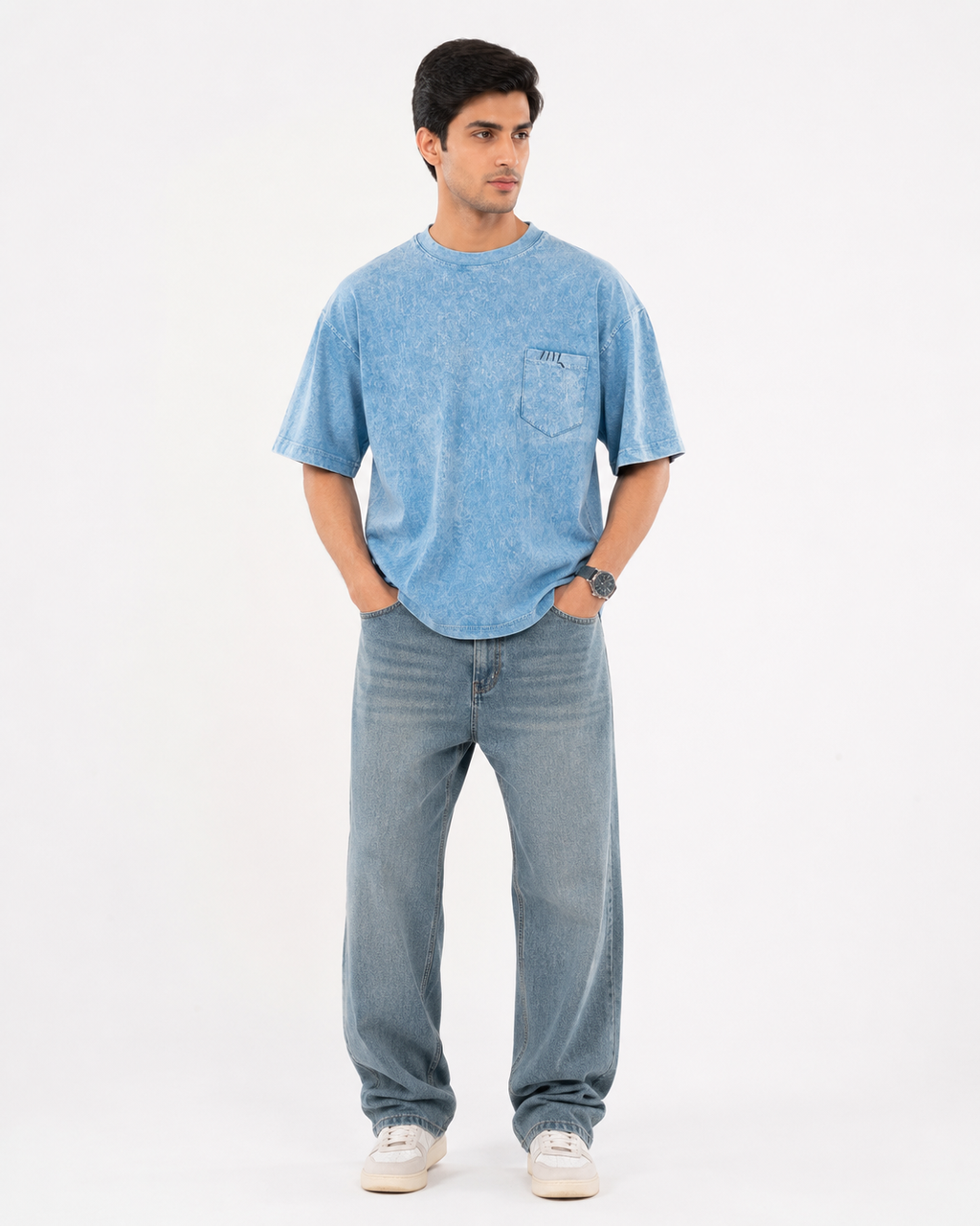 Sky Blue Acid Wash Pocket Tee – Oversized Fit | Fuzon Studio