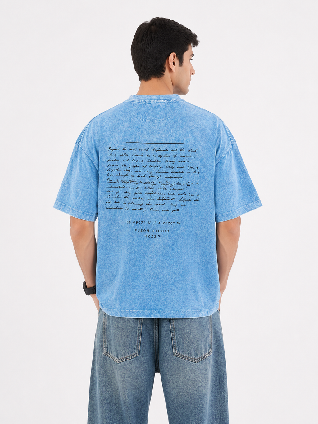 Sky Blue Acid Wash Pocket Tee – Oversized Fit | Fuzon Studio