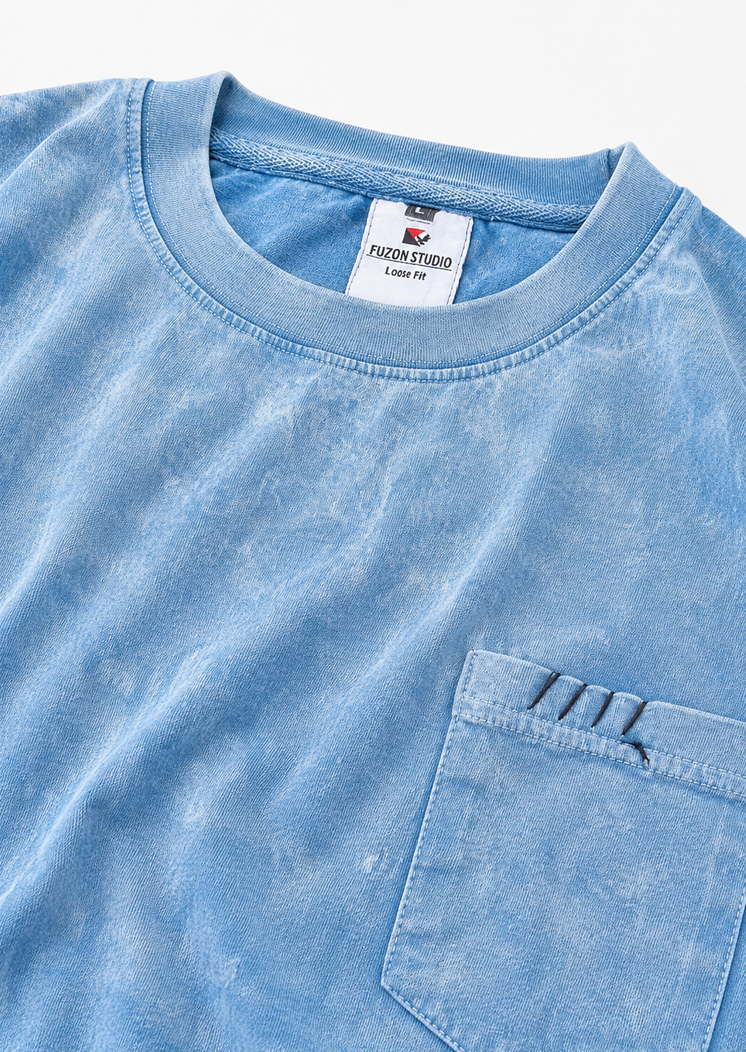 Sky Blue Acid Wash Pocket Tee – Oversized Fit | Fuzon Studio