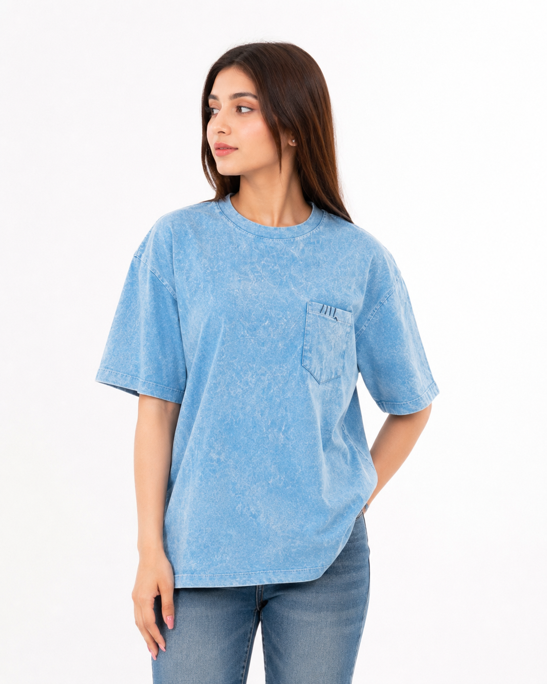 Sky Blue Acid Wash Pocket Tee – Oversized Fit | Fuzon Studio